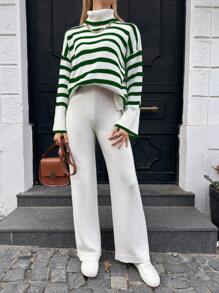 SHEIN Cottnline Jersey con patrón de rayas de hombros caídos con pantalones tejidos - Multicolor - Ver 4