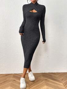 SHEIN Unity 交叉圍裹領前鏤空緊身洋裝 - 深灰色 - 查看 3