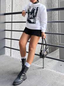 SHEIN Cottnline Plus Car & Japanese Letter Drop Shoulder Sweatshirt - Light Grey - View 4