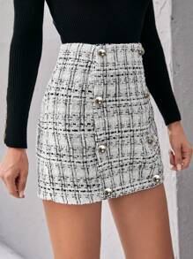 Chiquease Đôi ngực Chi tiết Nút Tweed Váy - trắng - Xem 4