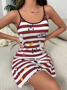 條紋圖案&卡通圖案撞色滾邊木耳邊吊帶睡裙 - 彩色 - 查看 1