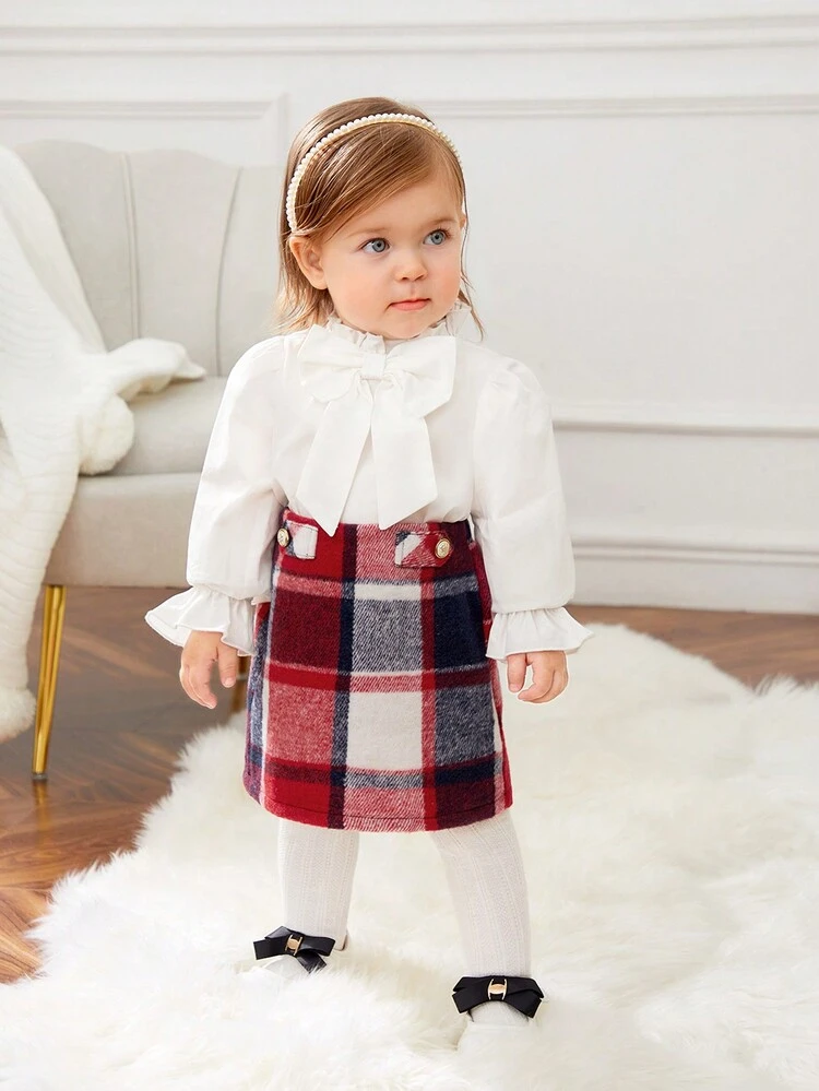 Baby Girl Ruffle Trim Flare Sleeve Bow Front Top & Plaid Print Skirt