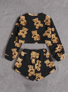 SHEIN EZwear Bear Drop Shoulder Teddy Pullover & Knot Front Shorts - Black - View 2