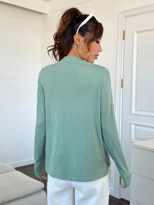 SHEIN EZwear 素色小高領T恤 - 綠色 - 查看 3