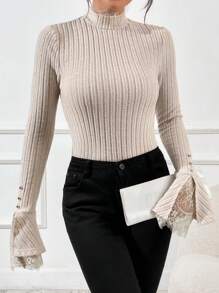 SHEIN Privé Của phụ nữ Dệt kim Áo Với Lá sen Và Đứng cổ áo - Màu be - Xem 3