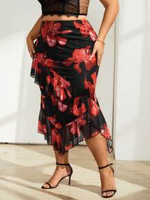 SHEIN Privé Hơn In hoa Viền Ruffle Váy - Nhiều màu - Xem 5