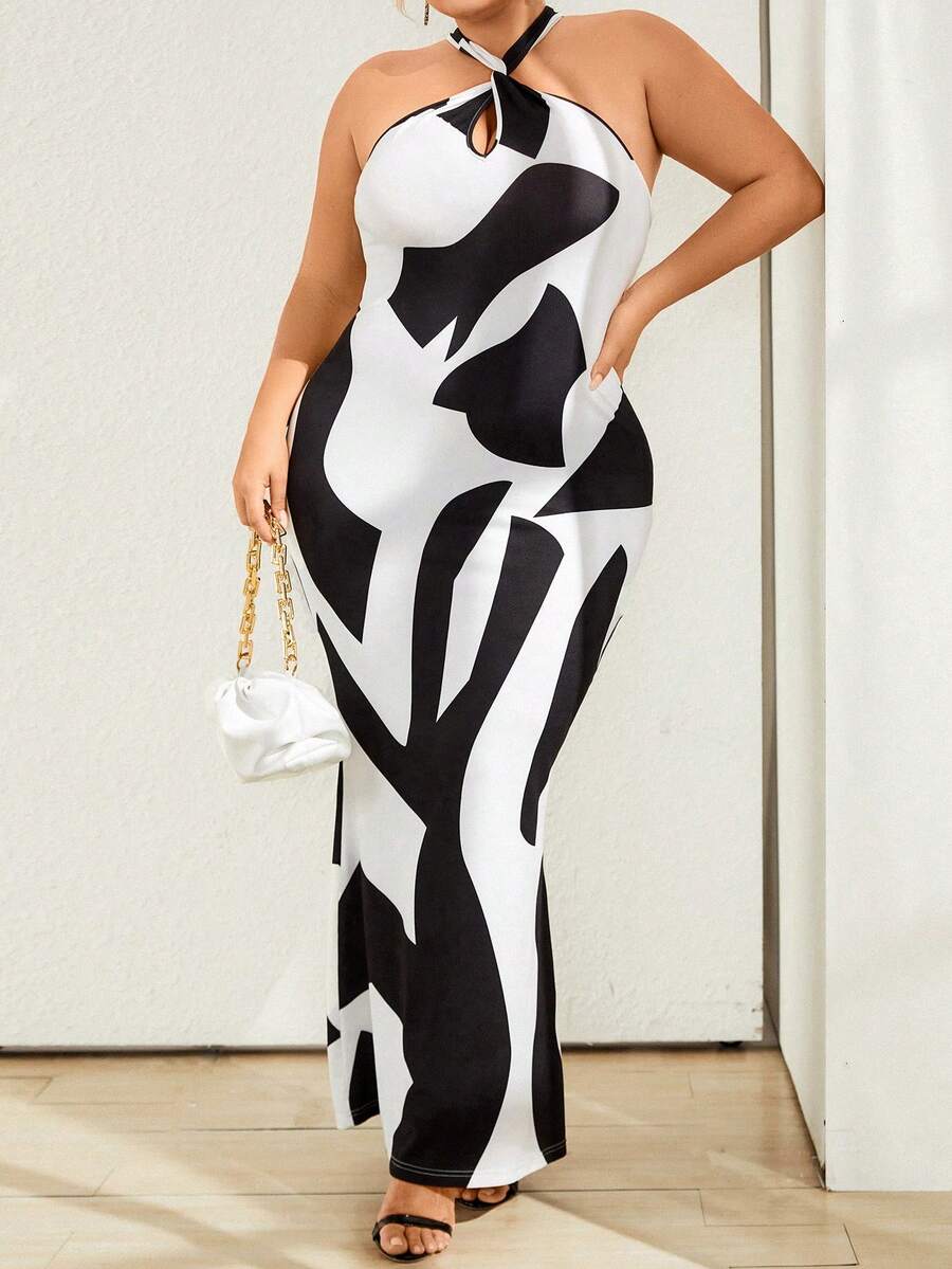 SHEIN Privé Plus Colorblock Halter Neck Mermaid Hem Dress - Black and White - View 1