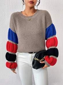 Chiquease Suéter de punto con hombros caídos y bloques de color para otoño e invierno - Marrón Chocolate - Ver 4