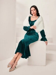 Modelyn Của phụ nữ Nhung Tay áo ren Đuôi cá Hem Đầm - Màu xanh lá cây đậm - Xem 4