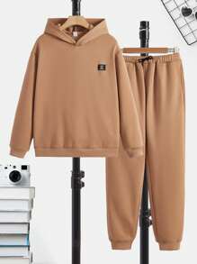 Thiếu niên Con trai Chi tiết được vá Áo nỉ có mũ Và Quần Chạy bộ Bộ - màu nâu - Xem 1