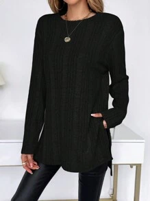 SHEIN Frenchy 素色下擺開叉T恤 - 黑色 - 查看 5