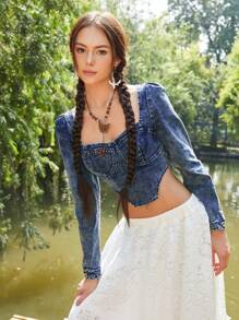 Soleia Sweetheart Neck Asymmetrical Hem Crop Denim Top - Blue - View 5