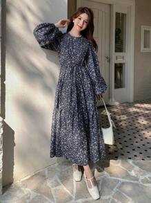 Dazy Star Ditsy Floral Print Flare Sleeve Dress,Ruffle,Fall Clothes - Royal Blue - View 6