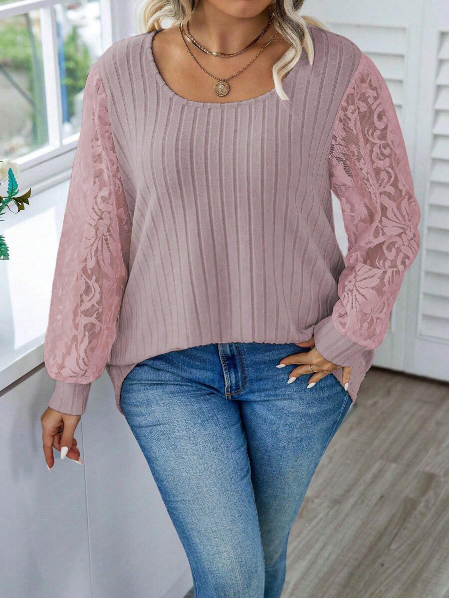 Calvaya Plus Contrast Lace Sleeve Sweatshirt - Pink - View 1