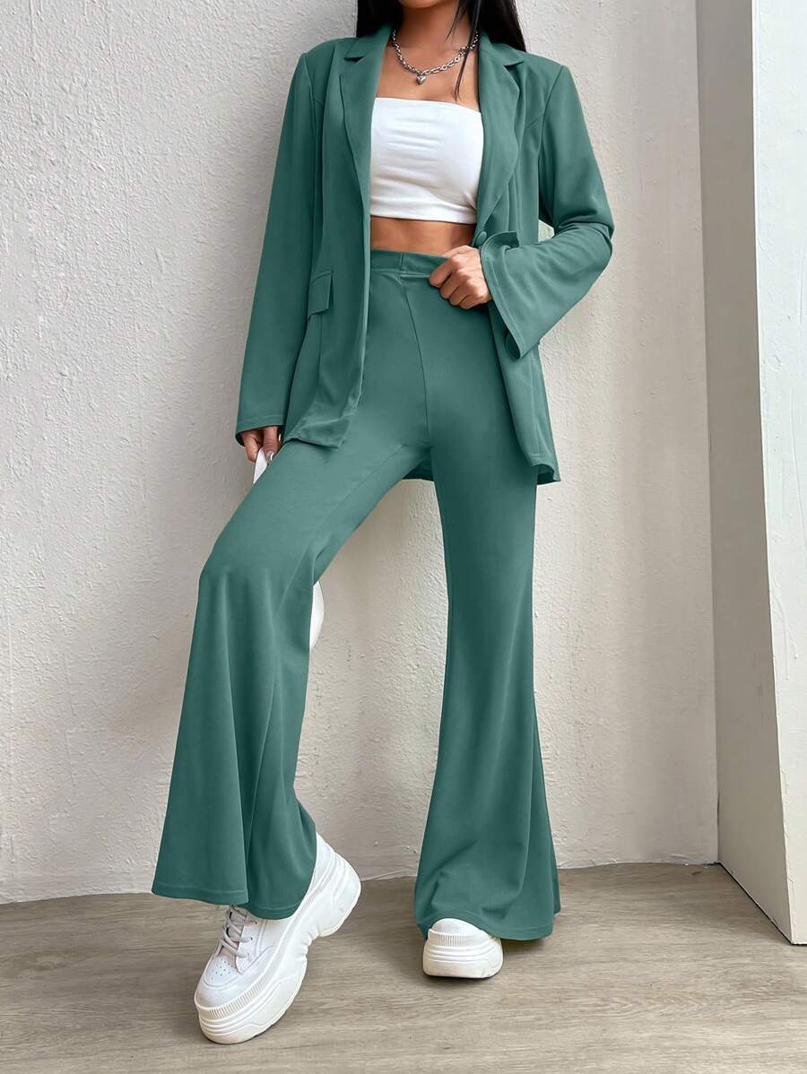 SHEIN EZwear 女性mass色鑲邊領葉套裝外套和喇叭褲套裝 - 薄荷綠 - 查看 1