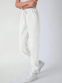 SHEIN BASICS BASICS Cozy Fleece Drawstring Waist Slant Pocket Solid Fleece Joggers - Beige - View 5