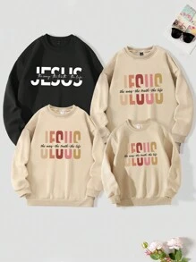 Manfinity 1件男士休閒字母印花保暖衣,秋冬家庭套裝媽媽與我（4件分開出售） - 黑色 - 查看 3