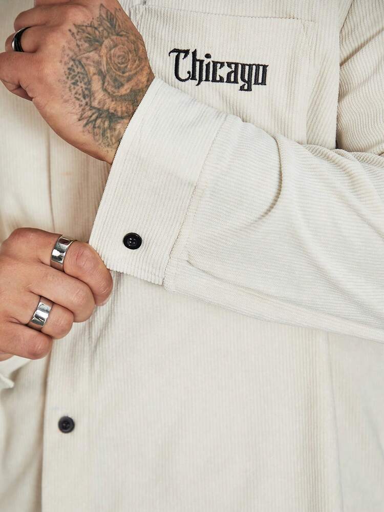 Men Plus Letter Graphic Pocket Patched Corduroy Shirt