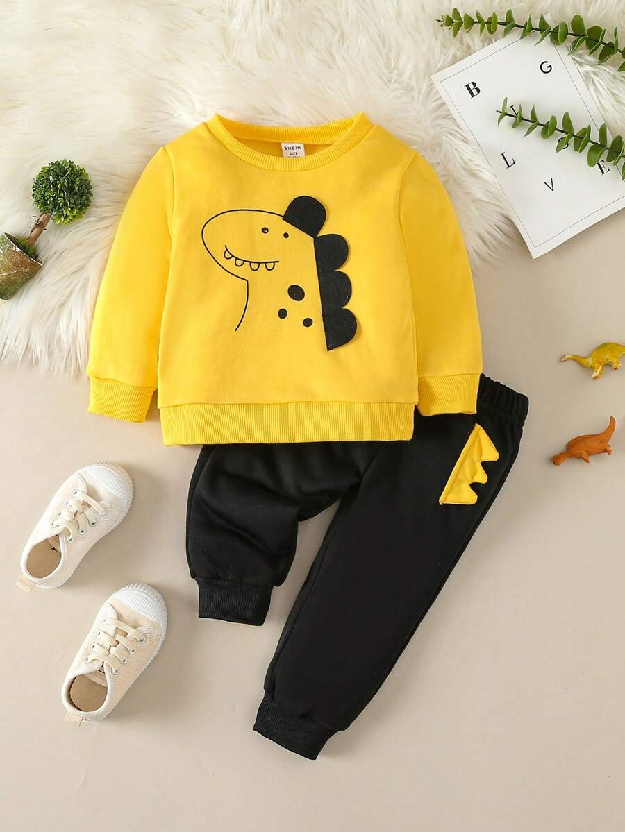 Baby Boy Dinosaur Print 3D Design Pullover & Sweatpants - Yellow - View 1