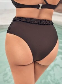 SHEIN Swim Curve Plus Size Bikini Bottoms Berikat Kontras Mesh Ruffle Plain - Coffee Brown - View 2