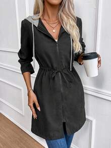 SHEIN LUNE Eo dây rút Dây kéo Áo trùm đầu - màu đen - Xem 5