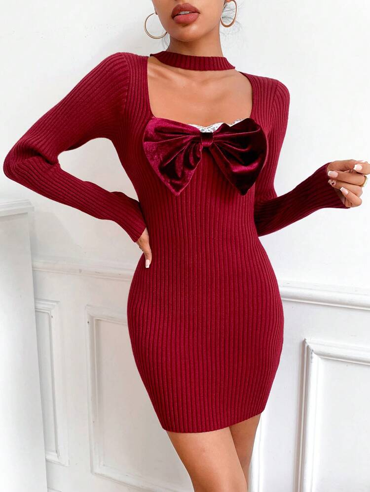 Bow Front Choker Neck Sweater Dress Fall Cloth For Women