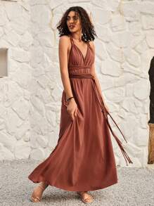 Bohemela 後背無背心雪紡連衣裙,綁帶細節點綴 - 藍色 - 查看 3