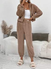 SHEIN LUNE Dây kéo áo có mũ Áo khoác & Quần - Màu Khaki - Xem 3