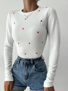 EURMUSE Heart Embroidery Ribbed Knit Tee - Red - View 4