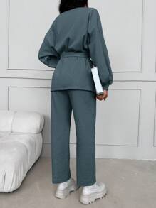 Cotton Top And Pants Set With Lantern Sleeve And Waist Belt Detail - Dusty Blue - View 2