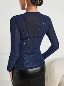 SHEIN BAE Top brillante de malla transparente sin sujetador - Azul Marino - Ver 2