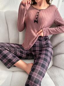 Lazeform 蝴蝶结细节荷叶边上衣和格子裤睡衣套装，秋冬舒适优雅细节