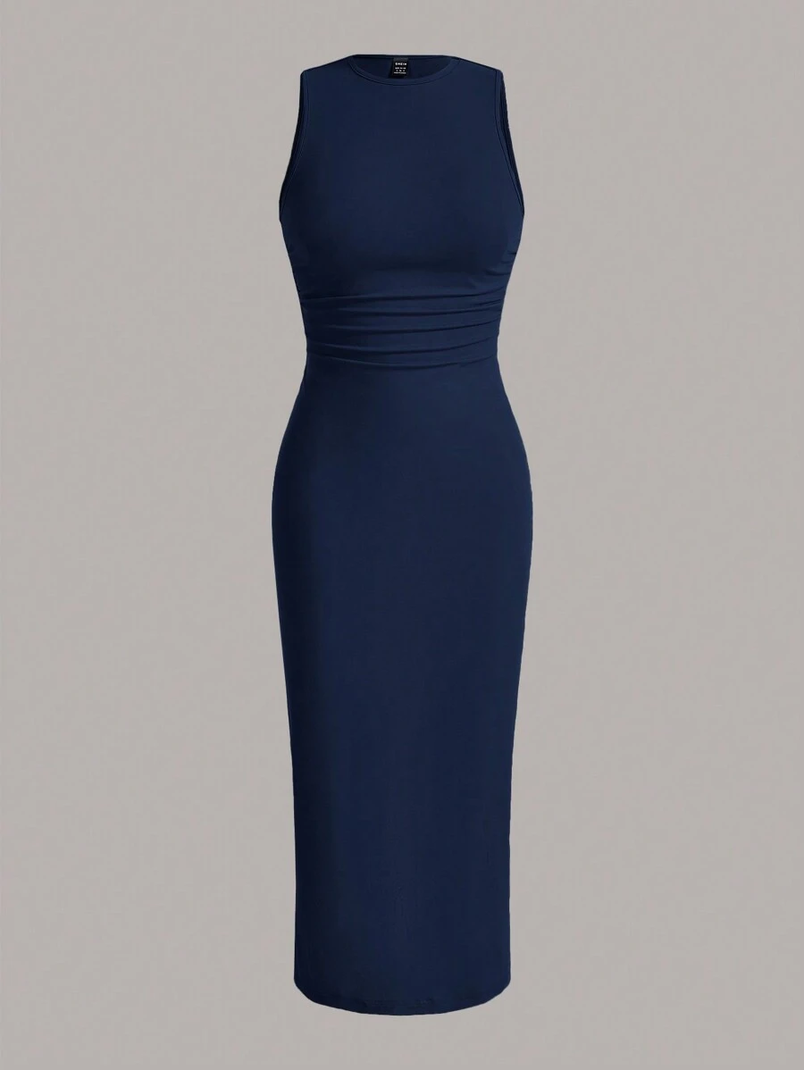 SHEIN EZwear Summer Solid Ruched Waist Tank Dress,Summer Dresses For Women - Navy Blue - View 1