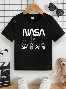 SHEIN Young Boy Astronaut & Letter Graphic Tee - Black - View 2