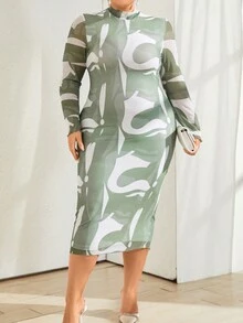 SHEIN Privé Hơn In Đồ họa tay áo lá sen Cổ giả Váy bodycon - Nhiều màu - Xem 5