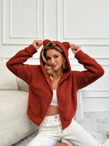 EURMUSE Drop Shoulder 3D Ear Design Hooded Fuzzy Sweatshirt - Brown - View 1