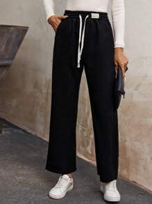 SHEIN LUNE 腰部抽繩直筒褲 - 黑色 - 查看 4