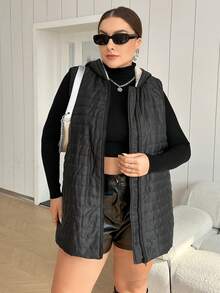 SHEIN Essnce Hơn Dây kéo áo có mũ Áo khoác vest quilted - màu đen - Xem 6