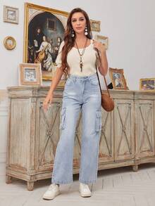 SHEIN LUNE 女性貨物口袋牛仔褲 - 中等水洗藍 - 查看 4