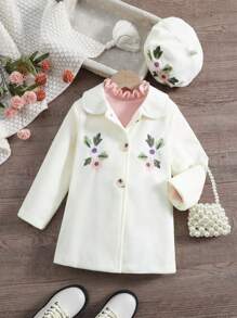SHEIN Little Girls' Flower Embroidered Single-breasted Coat - White - View 1