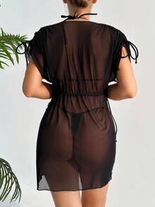 女款時尚黑色 V 領網布罩衫,搭配肩帶設計 - 黑色 - 查看 2