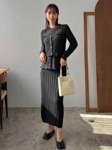 FRIFUL Solid Color Hollow Out Sweater, Knitted Top And Pleated Skirt Outfit Fall - Grey - View 6