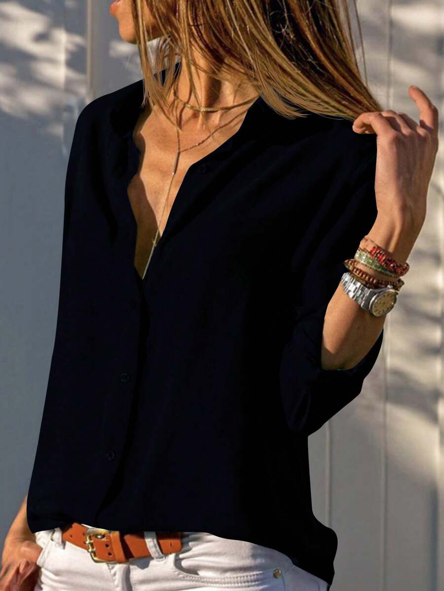 EURMUSE Solid Button Front Shirt - Black - View 1