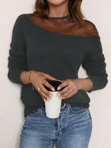 SHEIN LUNE Áo len thả vai lưới tương phản thường ngày cho nữ - Màu xám đen - Xem 1