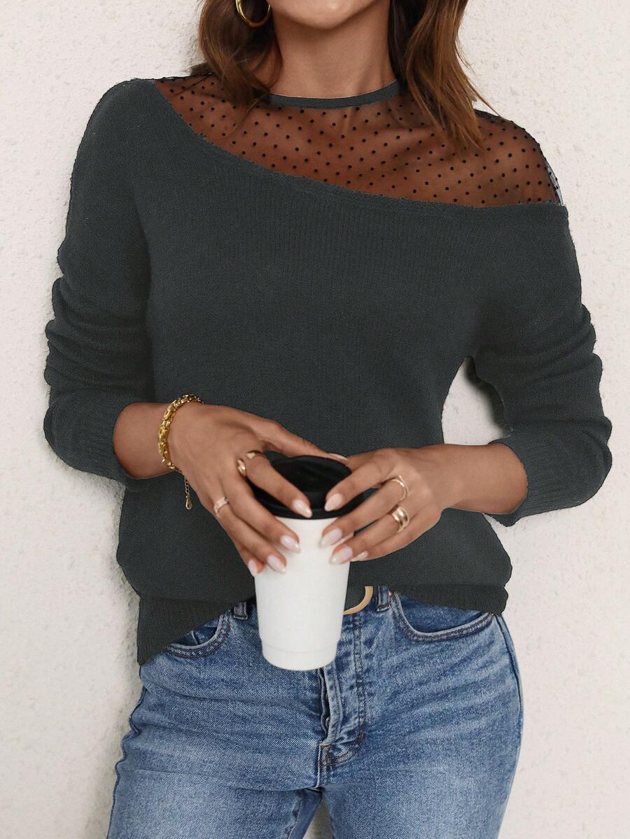 SHEIN LUNE Áo len thả vai lưới tương phản thường ngày cho nữ - Màu xám đen - Xem 1
