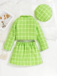 SHEIN Tween 女童格子粗花呢时尚奢华夹克和百褶裙两件套 - 綠色 - 查看 2