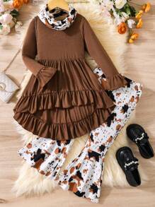 SHEIN Young Girl High Low Ruffle Trim Tee and Flare Leg Pants With Scarf - Multicolor - View 1