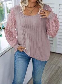 Calvaya Plus Contrast Lace Sleeve Sweatshirt - Pink - View 5