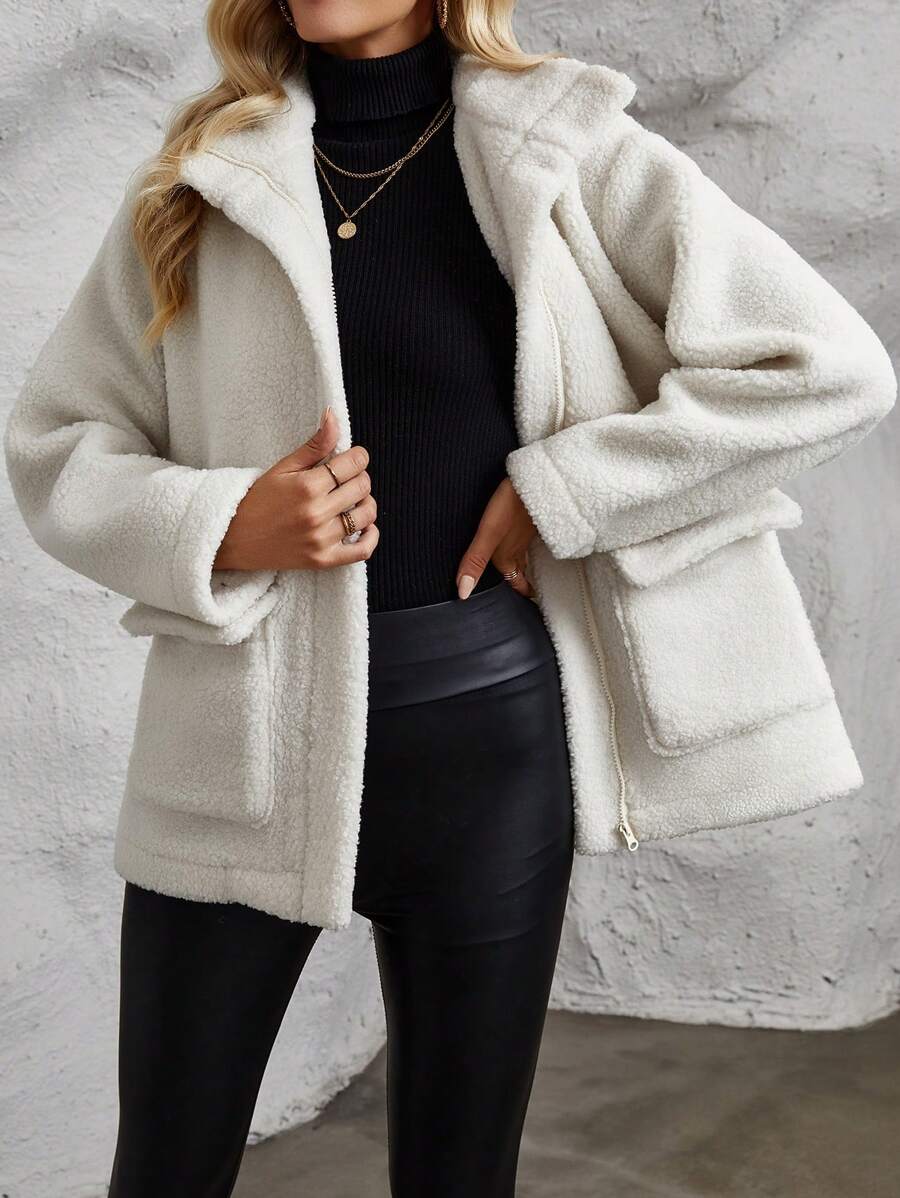 SHEIN LUNE Women's Solid Color Double Pocket Zippered Fleece Jacket - Apricot - View 1