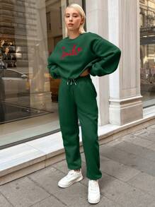 SHEIN Cottnline Letter Embroidery Top + Pants Women's 2-piece Set - Green - View 3
